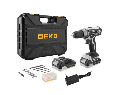 Дрель-шуруповерт аккумуляторная DEKO DKCD20 Black Edition SET 3 в кейсе + набор 63 инструмента, 20В, 2*2.0Ач 063-4050